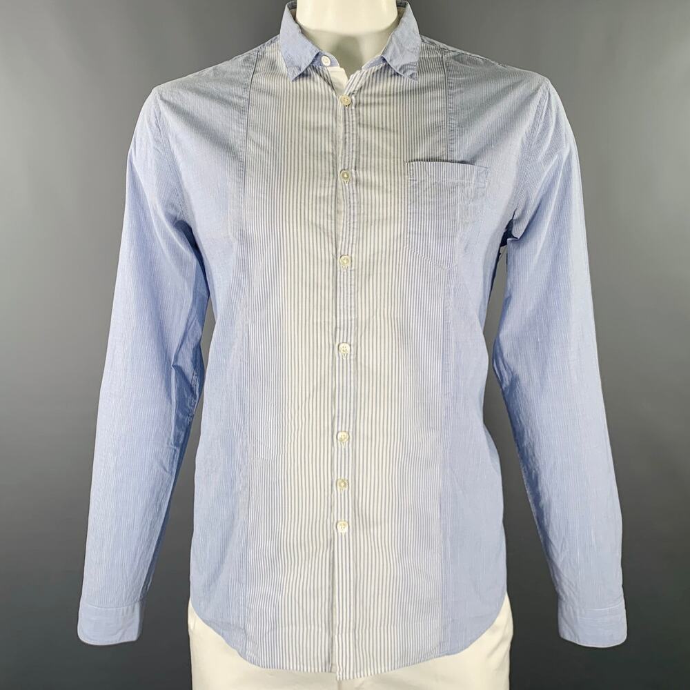 JOHN VARVATOS Size L Light Blue White Stripe Cotton Linen Long Sleeve Shirt